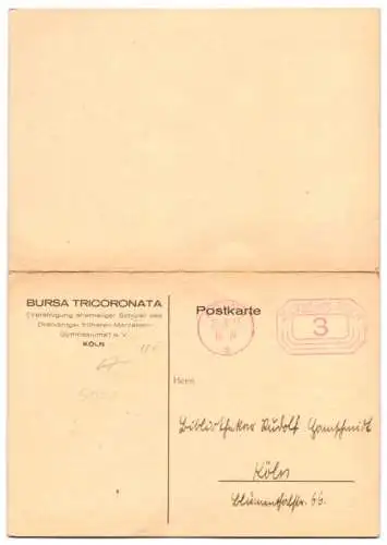 Klapp-AK Köln-Sülz, Einladung zur Mitgliederversammlung ehem. Schüler, 1933, Bursa Tricoronata, Euskirchener Strasse 54