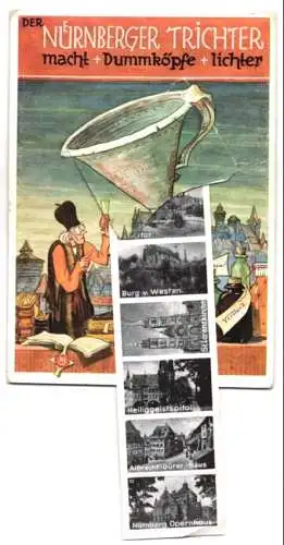 Leporello-AK Nürnberg, Ansichten im Trichter, Hauptbahnhof, Marktplatz, Heiliggeistspital, Albrecht Dürer-Haus