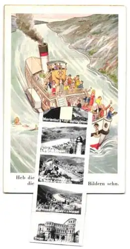 Leporello-AK Koblenz /Mosel, Ansichten im Dampfer, Burg Eltz, Burg Cochem, Marienburg, Zell a. d. Mosel