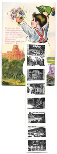 Leporello-AK Heidelberg, Ansichten in der Lederhose, Schloss Heidelberg, Neckarbrücke, Heidelberger Fass