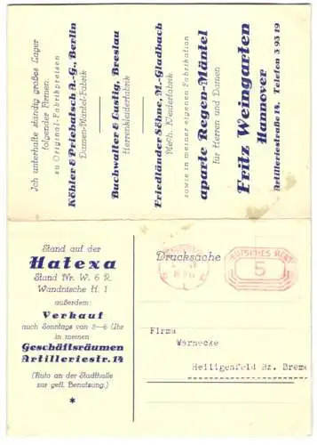 Klapp-AK Hannover, Reklame des Modegeschäfts Fritz Weingarten zur Hatexa-Messe 1929