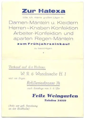 Klapp-AK Hannover, Reklame des Modegeschäfts Fritz Weingarten zur Hatexa-Messe 1929