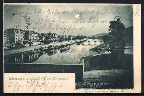 AK Würzburg, Teilansicht von der alten Brücke bei Mondschein