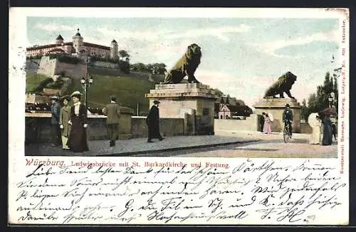 AK Würzburg, Ludwigsbrücke mit St. Burkardkirche und Festung