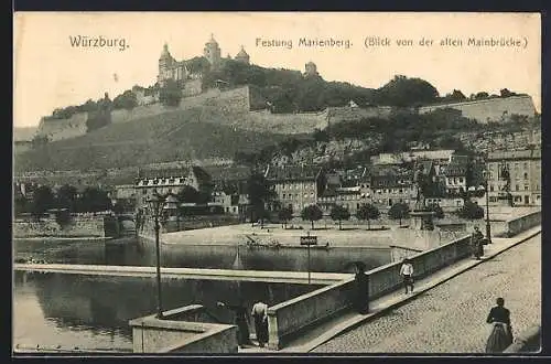 AK Würzburg, Blick von der alten Mainbrücke auf die Festung Marienberg