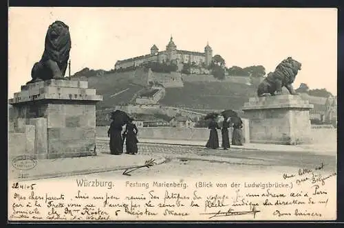 AK Würzburg, Blick von der Ludwigsbrücke auf die Festung Marienberg