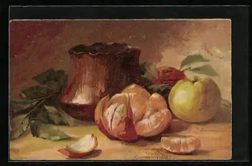 Künstler-AK Catharina Klein: Stillleben mit Apfel, Mandarine und Kupfervase