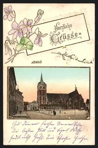 AK Eschweiler, Marktplatz mit Kirche, Grüsse mit Veilchen