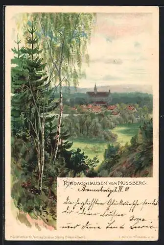 Lithographie Riddagshausen, Ortsansicht vom Nussberg aus