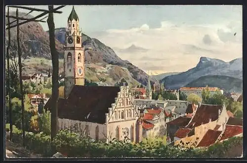 Künstler-AK J.Marschall: Meran, Pfarrkirche mit Bergen