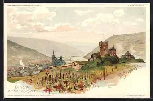 Künstler-Lithographie P. Schmohl: Bingen / Rhein, Ortsansicht mit Schloss Klopp