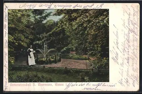 AK Wanne, Gartenwirtschaft B. Woermann, Garten mit Brunnen