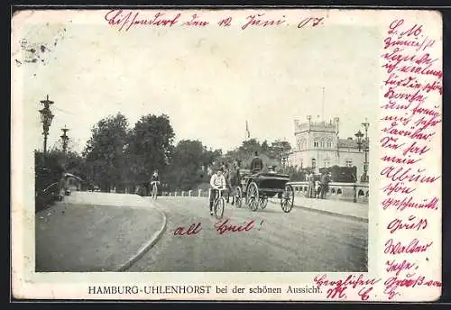 AK Hamburg-Uhlenhorst, Hamburg-Uhlenhorst bei schöner Aussicht, Brückenpartie, Fahrrad, Kutsche