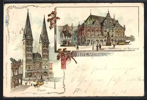 Lithographie Bremen, Rathaus mit Roland, Dom, Pferdebahn