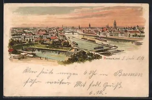 Lithographie Bremen, Stadtpanorama bei Sonnenuntergang