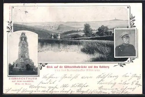 AK Netzschkau, Bismarckturm, Bismarckportrait und Blick auf die Göltzschthalbrücke und den Kuhberg