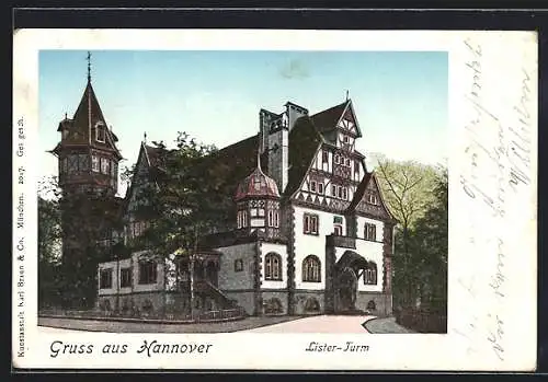 Goldfenster-AK Hannover, Gasthaus Lister-Turm mit leuchtenden Fenstern