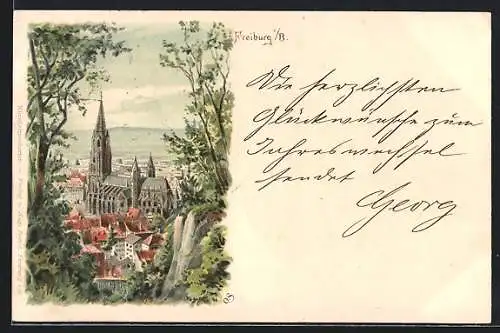 Lithographie Freiburg i. B., Blick auf das Münster