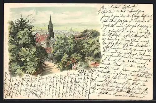 Lithographie Freiburg / Breisgau, Teilansicht mit Blick zum Dom