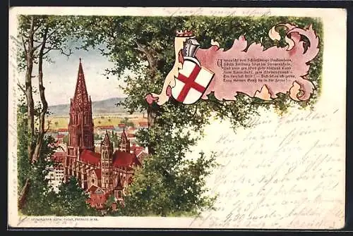 Lithographie Freiburg / Breisgau, Münster, Wappen mit Gedicht