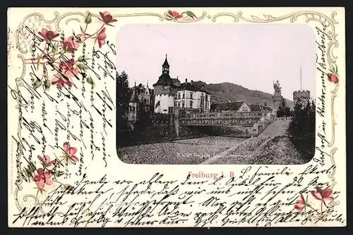 AK Freiburg i. B., Partie an der Schwabenthorbrücke, florales Passepartout