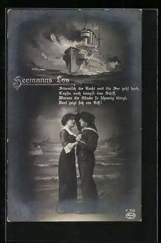 AK Matrose in Uniform und seine Frau, Kriegsschiff