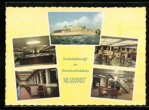 AK Fährschiff MS Sassnitz, Eisenbahnfährschiff der Deutschen Reichsbahn, verschiedene Ansichten