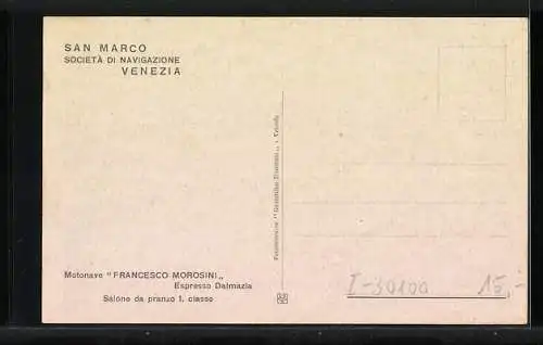 AK Passagierschiff Motonave Francesco Morosini, Espresso Dalmazia, Salone da pranzo 1. classe