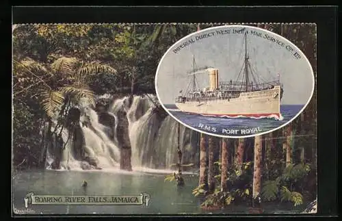 Künstler-AK Jamaica, Roaring River Falls, Passagierschiff RMS Port Royal, Imperial Direct West India Mail Service