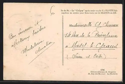 AK Saint-Martin-de-Ré, Le Coligny après avoir touché La Flotte fait machine en arrière