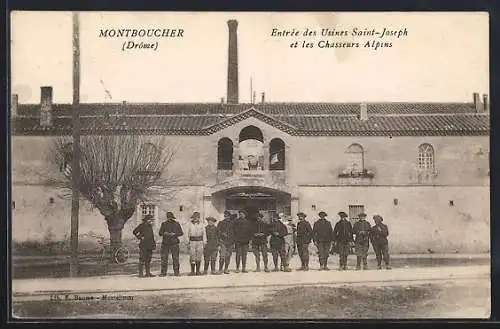 AK Montboucher, Entrée des Usines Saint-Joseph et les Chasseurs Alpins