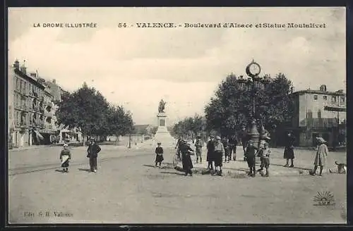 AK Valence, Boulevard d`Alsace et Statue Montalivet