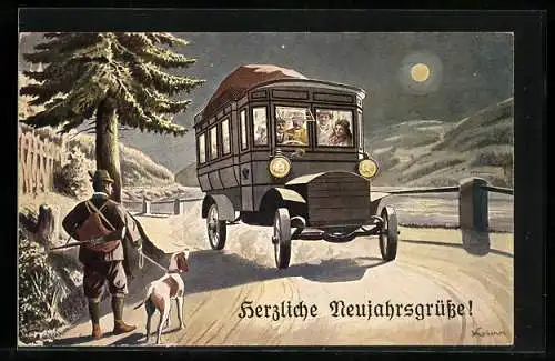 AK Jäger mit Hund und Postwagen, K. K. Automobilpost 1908