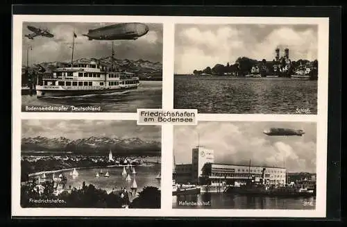 AK Friedrichshafen am Bodensee, Zeppelin, Dampfer Deutschland, Schloss, Hafenbahnhof