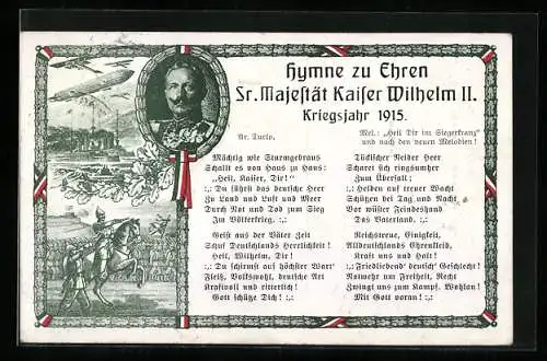 AK Zeppelin über einem Kriegsschiff, Kaiser Wilhelm der II. führt in die Schlacht, Kaiser-Hymne