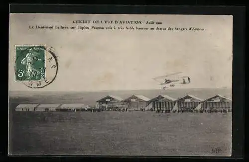 AK Circuit de l`Est d`Aviation 1910, Lieutenant Letheux sur Biplan Farman, Doppeldecker-Flugzeug