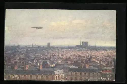 Künstler-AK Paris, Eindeckerflugzeug fliegt über die Stadt