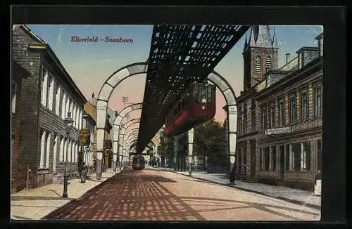 AK Sonnborn, Hauptstrasse mit Schwebebahn und Strassenbahn