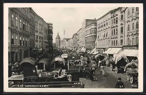 AK Wels, Wochenmarkt auf dem Stadtplatz