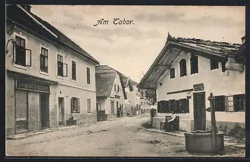 AK Waizenkirchen, Am Tabor mit Brunnen und Geschäften