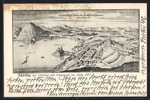 Künstler-AK Schörfling am Attersee, Teilansicht mit Grafschaft Camer und Seewalche im Jahre 1677 nach Merian