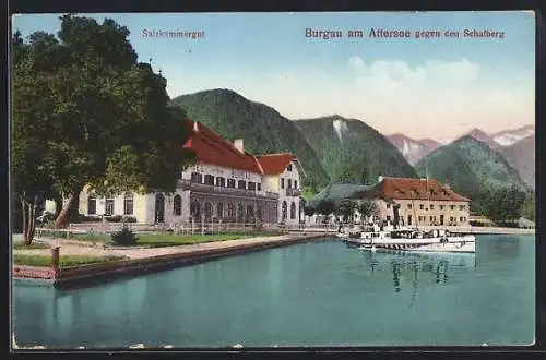 AK Burgau am Attersee, Ortsansicht gegen den Schafberg