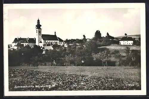 AK Münzbach /O. D., Blick auf die Kirche vom Feld aus