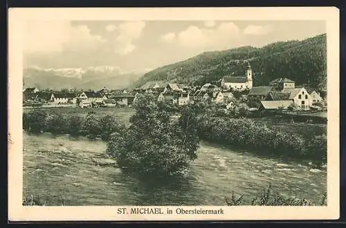 AK St. Michael ob Leoben, Ortsansicht mit Fluss, Kirche und Umgebung