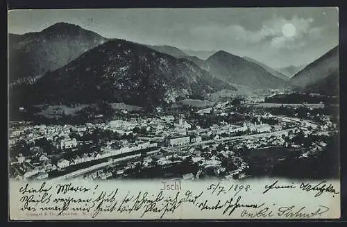 Mondschein-AK Ischl, Gesamtansicht gegen die Berge