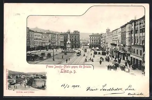 AK Linz a. D., Franz-Josefs-Platz, Brücke und Urfahr, Strassenbahn