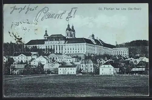 Mondschein-AK St. Florian bei Linz, Ortsansicht mit dem Stift