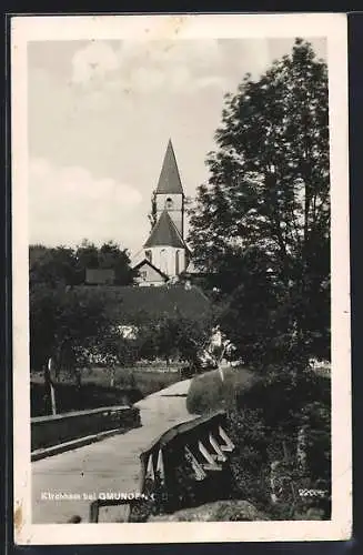 AK Kirchham bei Gmunden, Holzbrücke am Ortseingang