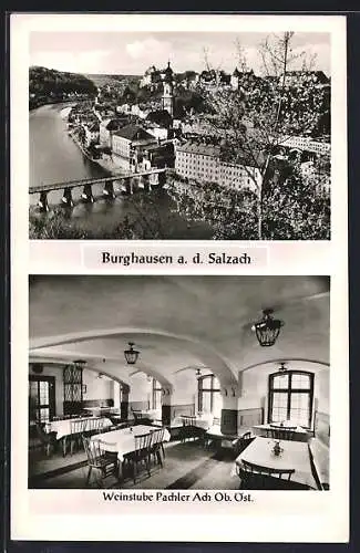 AK Burghausen a. d. Salzach, Restaurant Pachler, Stadtansicht mit Flusspartie