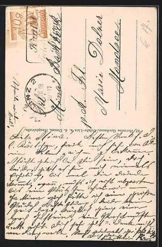 AK Linz a. d. D., Abendstimmung in der Landstrasse, Strassenbahn